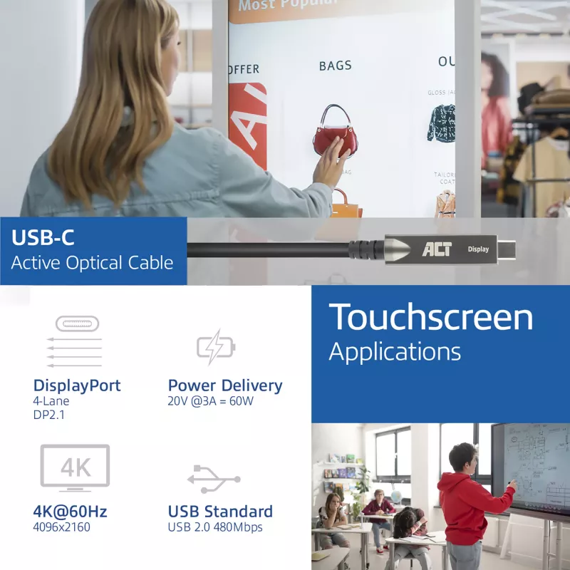 ACT cable óptico activo USB-C 3.2 Gen2 (AOC), para pantallas táctiles, vídeo, datos, alimentación, 7,5 m