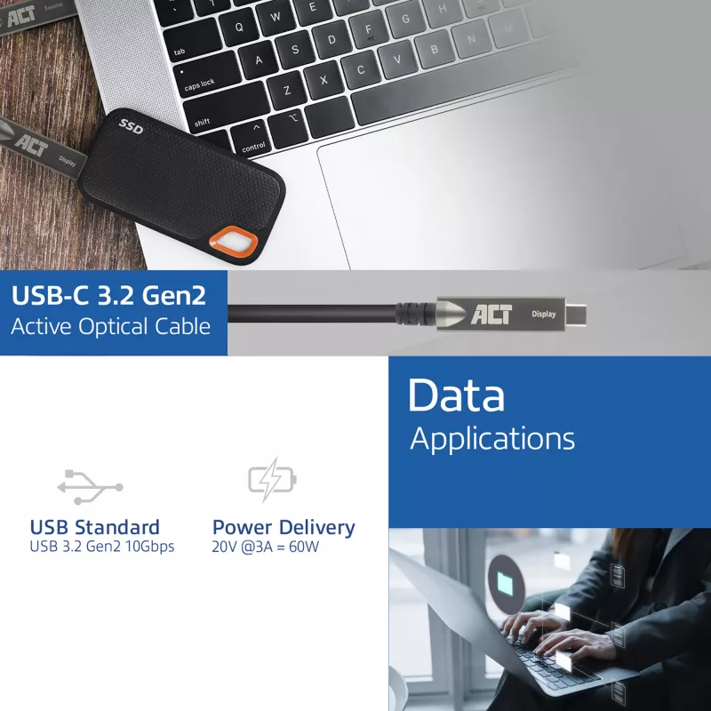 ACT cable óptico activo USB-C 3.2 Gen2 (AOC), para pantallas táctiles, vídeo, datos, alimentación, 7,5 m