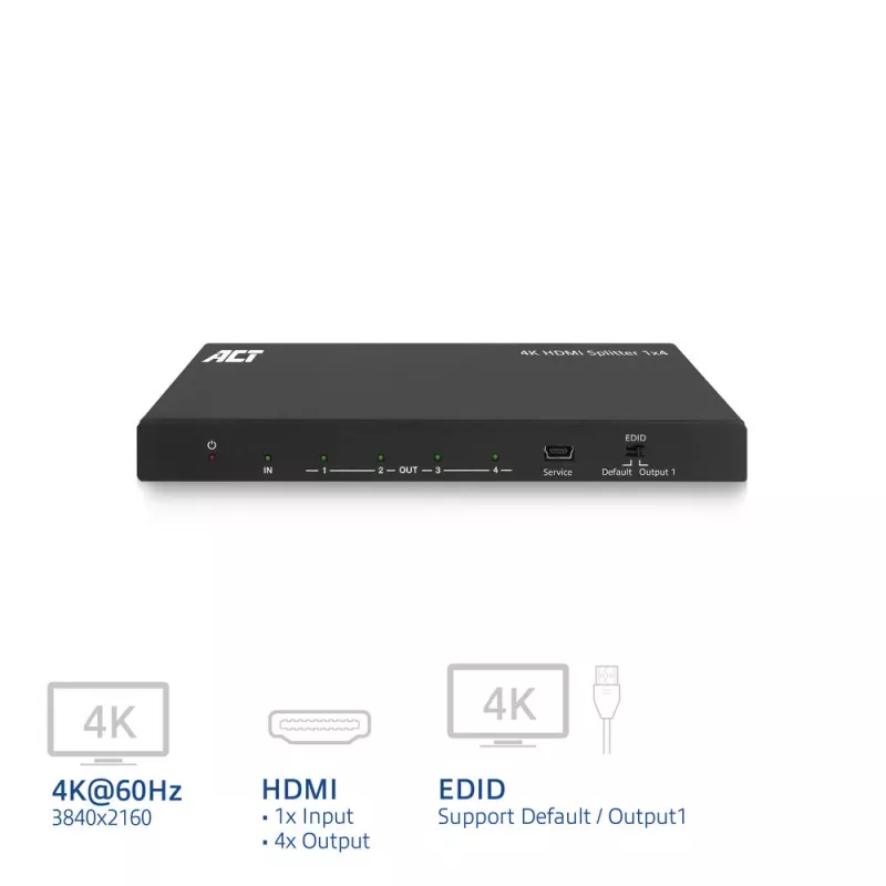 ACT splitter HDMI 4K, 1 a 4, compatibilidad EDID, HDMI, 4x HDMI, 3840 x 2160 píxeles, negro, 4K Ultra HD, 10,2 Gbit/s