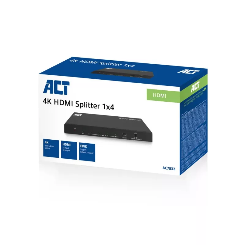 ACT splitter HDMI 4K, 1 a 4, compatibilidad EDID, HDMI, 4x HDMI, 3840 x 2160 píxeles, negro, 4K Ultra HD, 10,2 Gbit/s