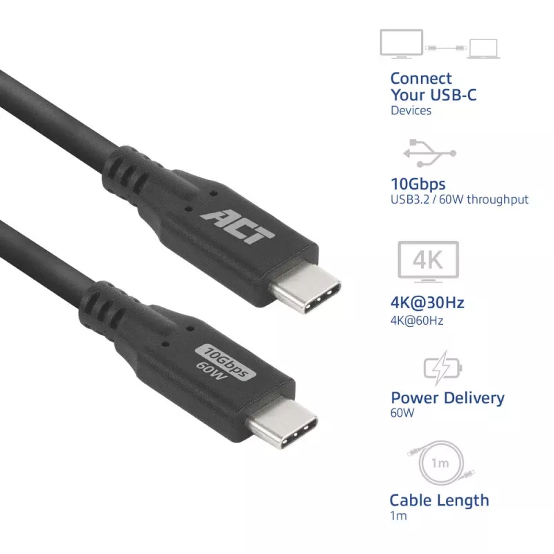 ACT cable USB 3.0 10Gbps 60W USB Type-C, 1 metro, 1 m, USB C, USB C, USB 3.2 Gen 2 (3.1 Gen 2), 10 Gbit/s, negro