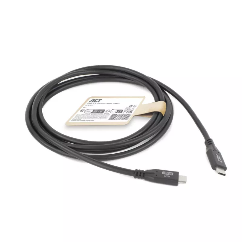 ACT cable USB 3.0 10Gbps 60W USB Type-C, 1 metro, 1 m, USB C, USB C, USB 3.2 Gen 2 (3.1 Gen 2), 10 Gbit/s, negro