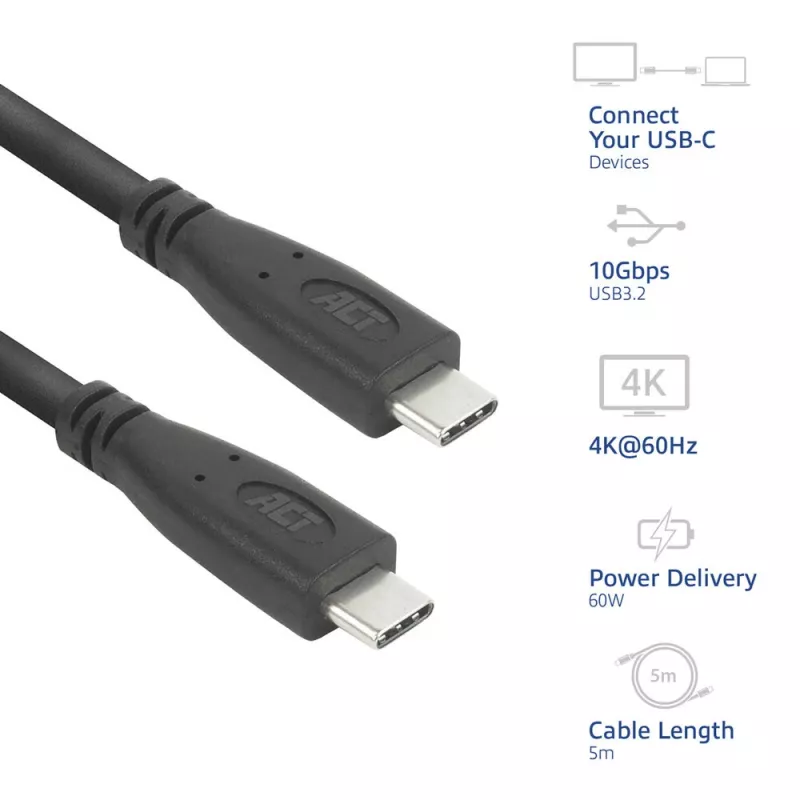 ACT AC7445 cable USB USB 3.2 Gen 2 (3.1 Gen 2) 5 m USB C 10 Gbit/s 60 W negro