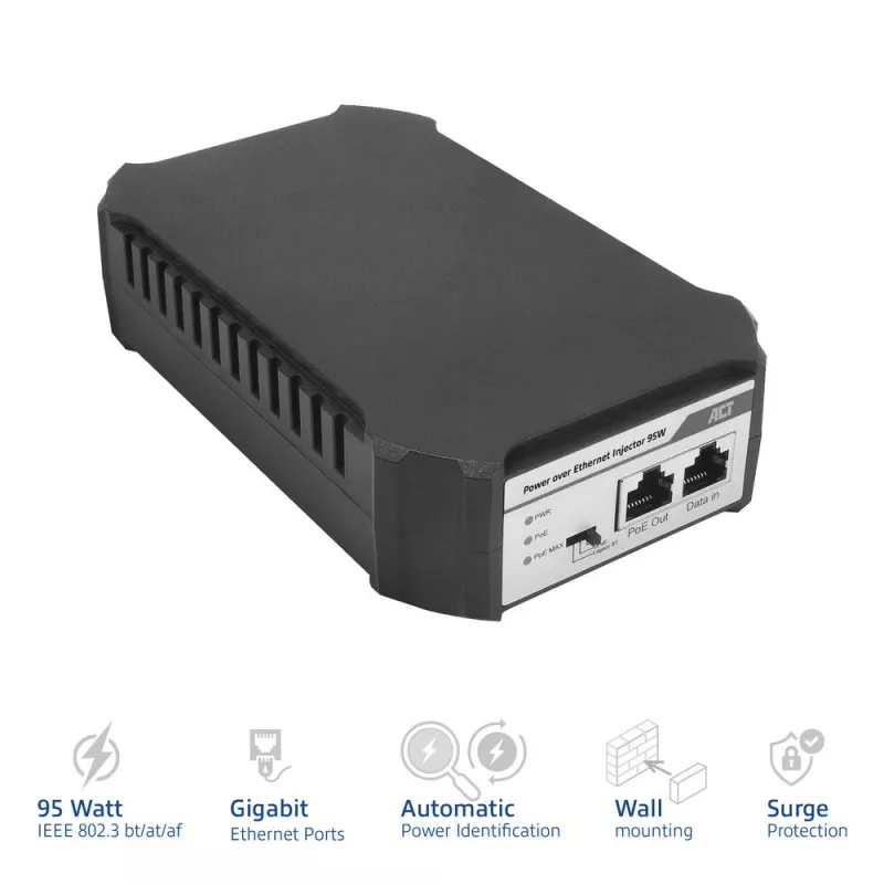 ACT inyector PoE 95W IEEE 802.3bt, Gigabit Ethernet, 1000 Mbit/s, 10/100/1000, PoE++ (4PPoE), IEEE 802.3af, IEEE 802.3at, IEEE 802.3bt, Cat6a