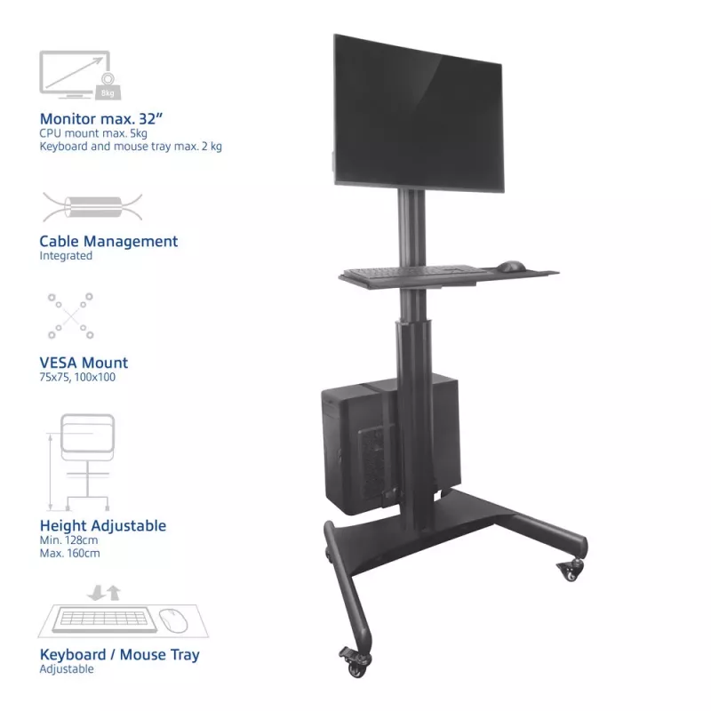 ACT estación de trabajo móvil para un monitor, con soporte para CPU, bandeja para teclado y ratón