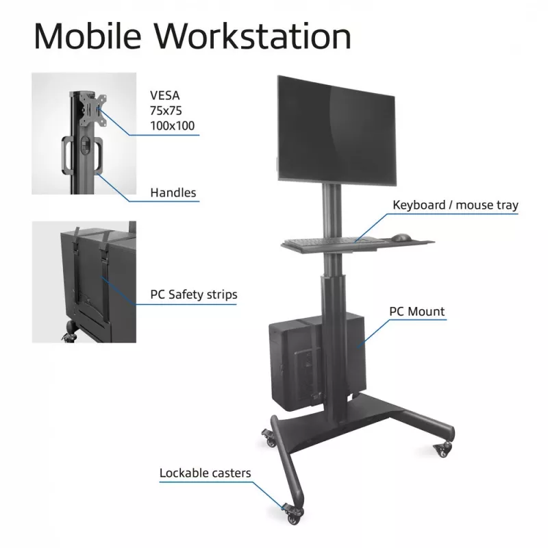 ACT estación de trabajo móvil para un monitor, con soporte para CPU, bandeja para teclado y ratón