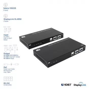 ACT set extensor de medios AV con switch USB-C dual, CAT6A, 100 metros
