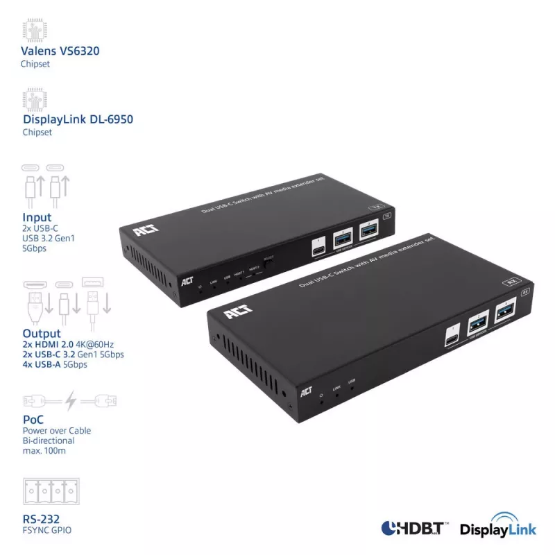 ACT set extensor de medios AV con switch USB-C dual, CAT6A, 100 metros