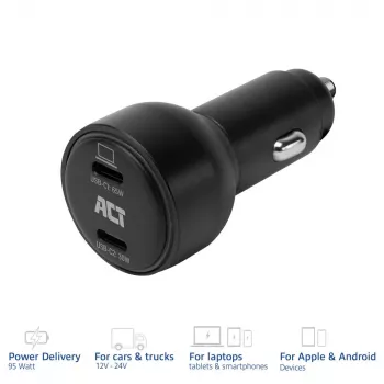 ACT cargador de coche USB-C de carga rápida de 2 puertos 95W con Power Delivery PPS, Quick Charge y GaNFast