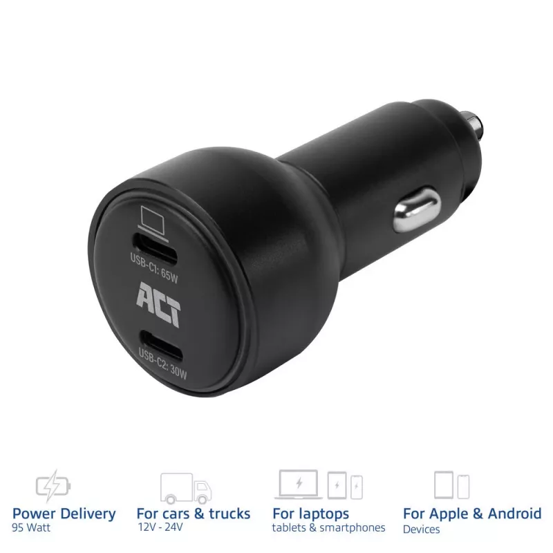 ACT cargador de coche USB-C de carga rápida de 2 puertos 95W con Power Delivery PPS, Quick Charge y GaNFast