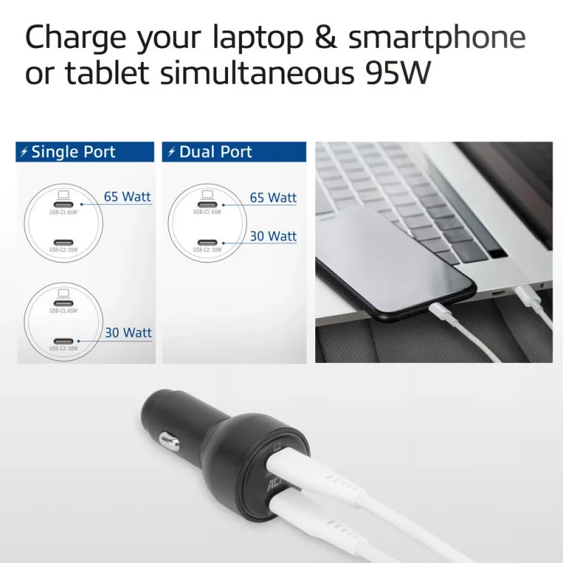 ACT cargador de coche USB-C de carga rápida de 2 puertos 95W con Power Delivery PPS, Quick Charge y GaNFast