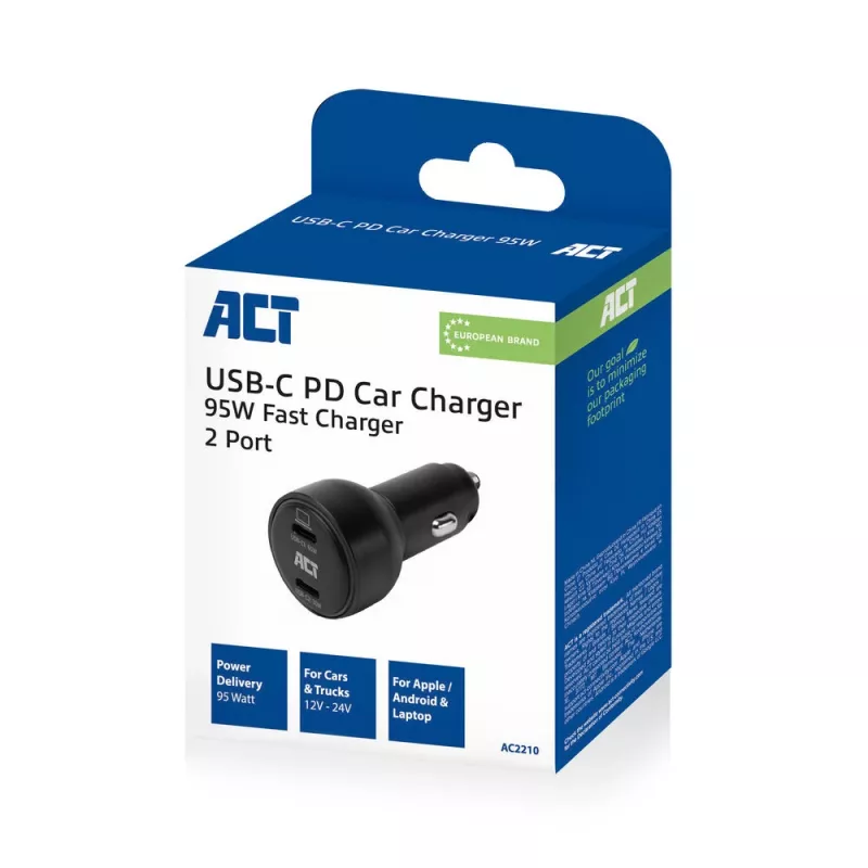 ACT cargador de coche USB-C de carga rápida de 2 puertos 95W con Power Delivery PPS, Quick Charge y GaNFast
