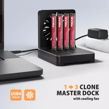 AXAGON ADSA-M2C44 Estación de acoplamiento USB4 40Gbps para 4 bahías M.2 NVMe SSD con función de clonación sin conexión, aluminio, refrigeración activa