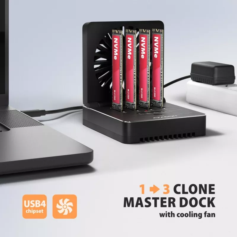 AXAGON ADSA-M2C44 Estación de acoplamiento USB4 40Gbps para 4 bahías M.2 NVMe SSD con función de clonación sin conexión, aluminio, refrigeración activa