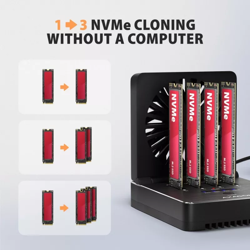 AXAGON ADSA-M2C44 Estación de acoplamiento USB4 40Gbps para 4 bahías M.2 NVMe SSD con función de clonación sin conexión, aluminio, refrigeración activa