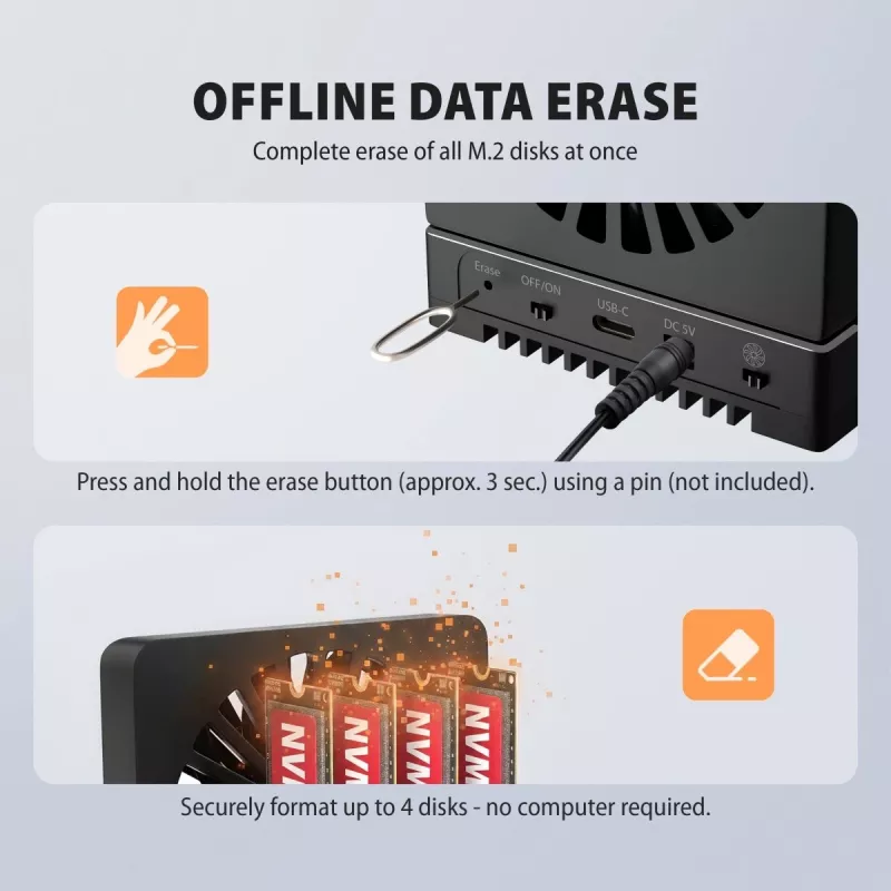 AXAGON ADSA-M2C44 Estación de acoplamiento USB4 40Gbps para 4 bahías M.2 NVMe SSD con función de clonación sin conexión, aluminio, refrigeración activa