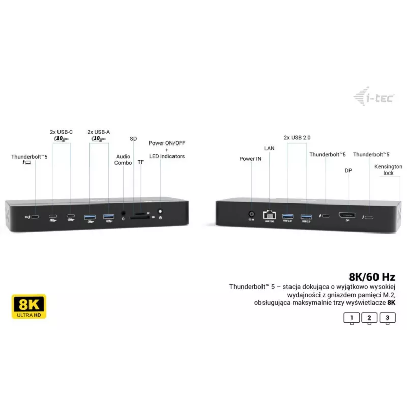 i-tec TB5 Triple Display Docking Station, 2x Thunderbolt 5, DP 2.1, 6x USB, ranura M.2 NVMe, LAN 2,5G, SD/microSD, Audio, PD 140W