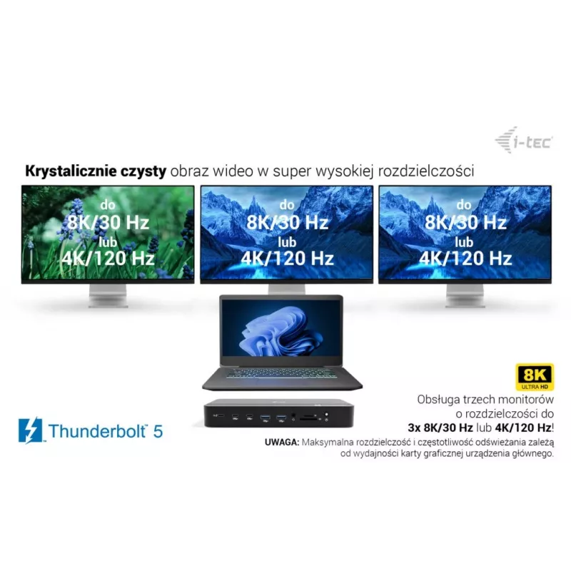 i-tec TB5 Triple Display Docking Station, 2x Thunderbolt 5, DP 2.1, 6x USB, ranura M.2 NVMe, LAN 2,5G, SD/microSD, Audio, PD 140W