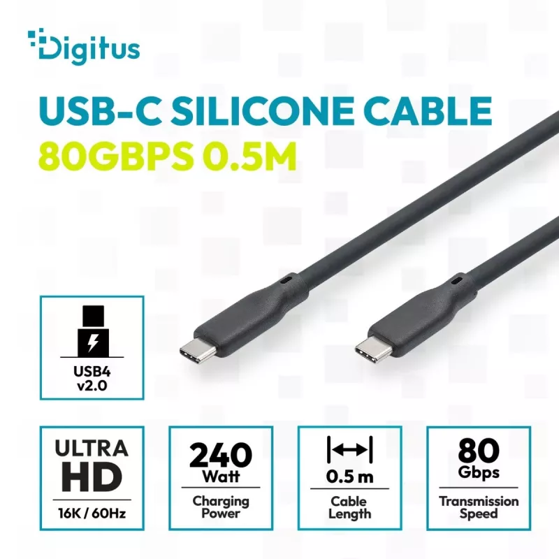 DIGITUS USB4 Version 2.0 Cable de silicona USB-C a USB-C 80Gbps 240W 16K 0,5m Negro AK-300350-005-S