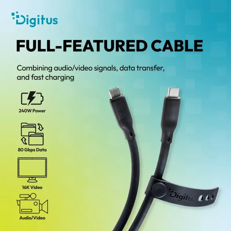 DIGITUS USB4 Version 2.0 Cable de silicona USB-C a USB-C 80Gbps 240W 16K 0,5m Negro AK-300350-005-S