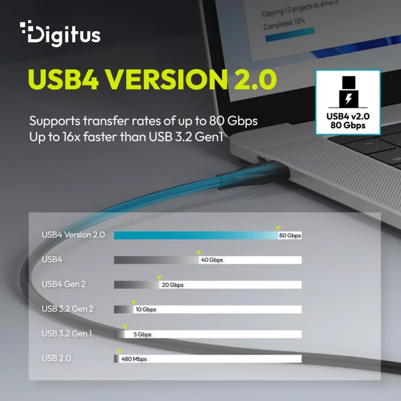 DIGITUS USB4 Version 2.0 Cable de silicona USB-C a USB-C 80Gbps 240W 16K 0,5m Negro AK-300350-005-S
