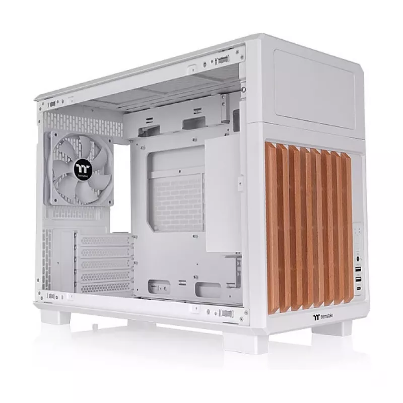 Thermaltake TR200 WS Snow White — Caja de PC Micro-ATX, mesh con frontal de madera auténtica, 1 ventilador de 120 mm, USB-C, soporte para radiador de 360 mm / GPU de 365 mm