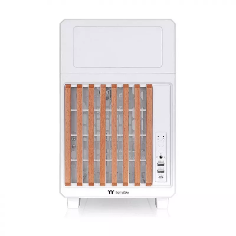 Thermaltake TR200 WS Snow White — Caja de PC Micro-ATX, mesh con frontal de madera auténtica, 1 ventilador de 120 mm, USB-C, soporte para radiador de 360 mm / GPU de 365 mm
