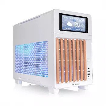 Thermaltake TR200 WS Snow White — Caja de PC Micro-ATX, mesh con frontal de madera auténtica, 1 ventilador de 120 mm, USB-C, soporte para radiador de 360 mm / GPU de 365 mm