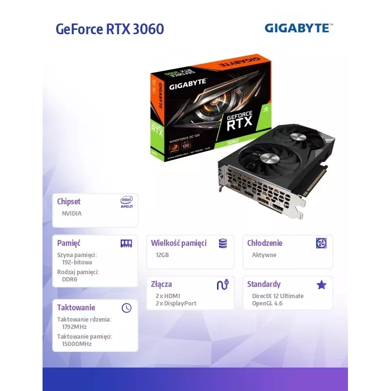 Gigabyte GeForce RTX 3060 WINDFORCE OC 12G (rev. 2.0) NVIDIA 12 GB GDDR6 tarjeta gráfica GV-N3060WF2OC-12GD2.0