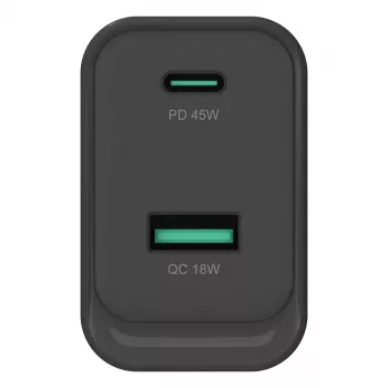 Conceptronic ALTHEA20B45 Cargador de pared GaN 45W USB-C PD y USB-A QC 3.0 de dos puertos Negro