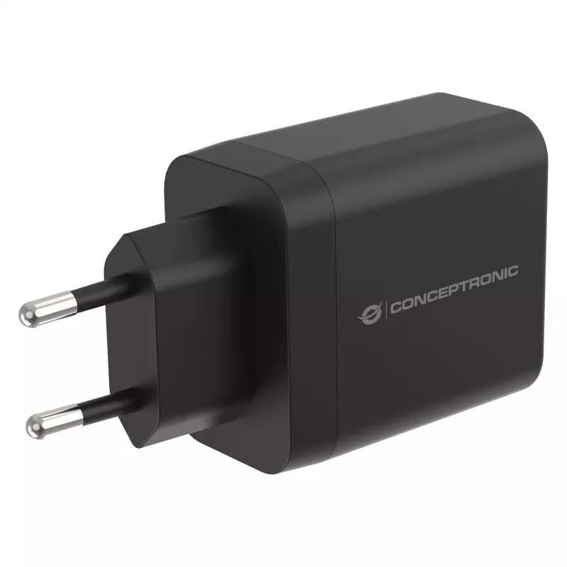 Conceptronic ALTHEA20B45 Cargador de pared GaN 45W USB-C PD y USB-A QC 3.0 de dos puertos Negro