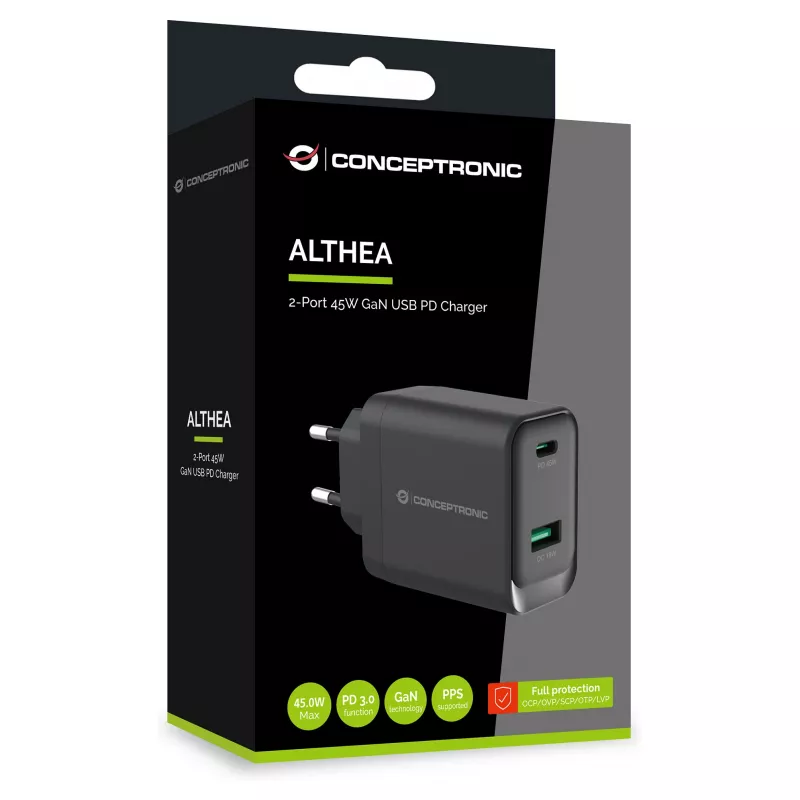 Conceptronic ALTHEA20B45 Cargador de pared GaN 45W USB-C PD y USB-A QC 3.0 de dos puertos Negro