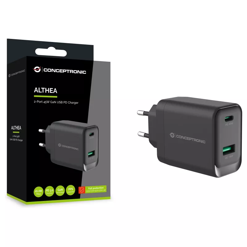 Conceptronic ALTHEA20B45 Cargador de pared GaN 45W USB-C PD y USB-A QC 3.0 de dos puertos Negro
