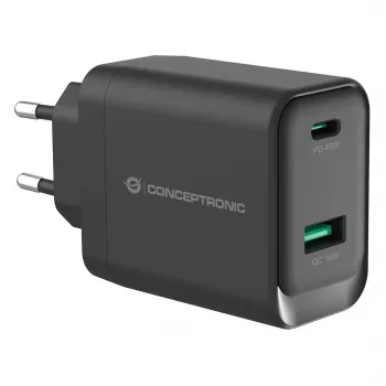 Conceptronic ALTHEA20B45 Cargador de pared GaN 45W USB-C PD y USB-A QC 3.0 de dos puertos Negro