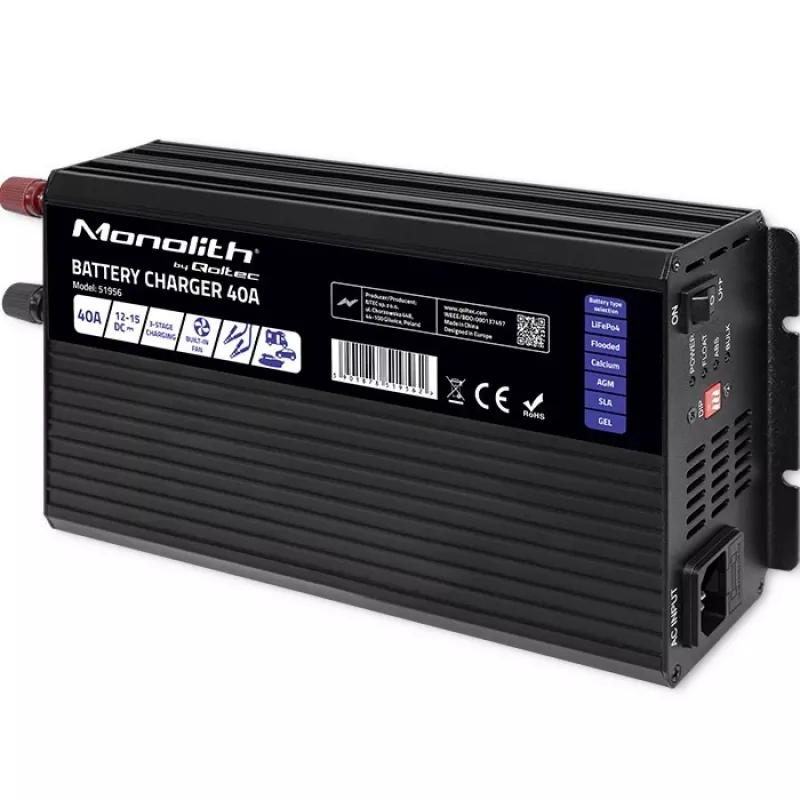 Qoltec Intelligent Professional Monolith cargador de baterías para baterías LiFePO4 AGM GEL SLA | 40A | 12V