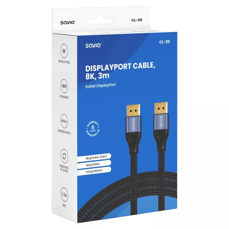 SAVIO CL-211 Cable DisplayPort 2.1 3m Negro