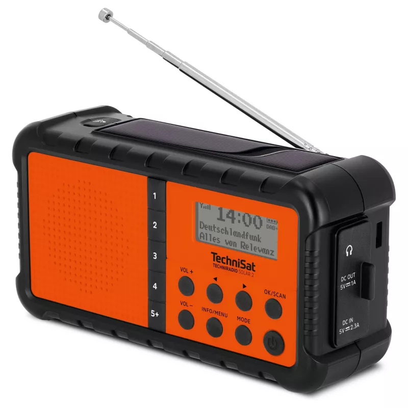 TechniSat TechniRadio Solar 2 Radio portátil DAB+/FM con panel solar y dinamo, Negro/Naranja
