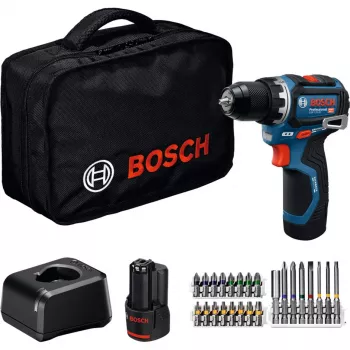 Bosch Professional GSR 12V-32 Taladro atornillador a batería, 12V, Azul/Negro, 2x baterías Li-Ion de 2,0 Ah, set de 24 accesorios, bolsa de herramientas