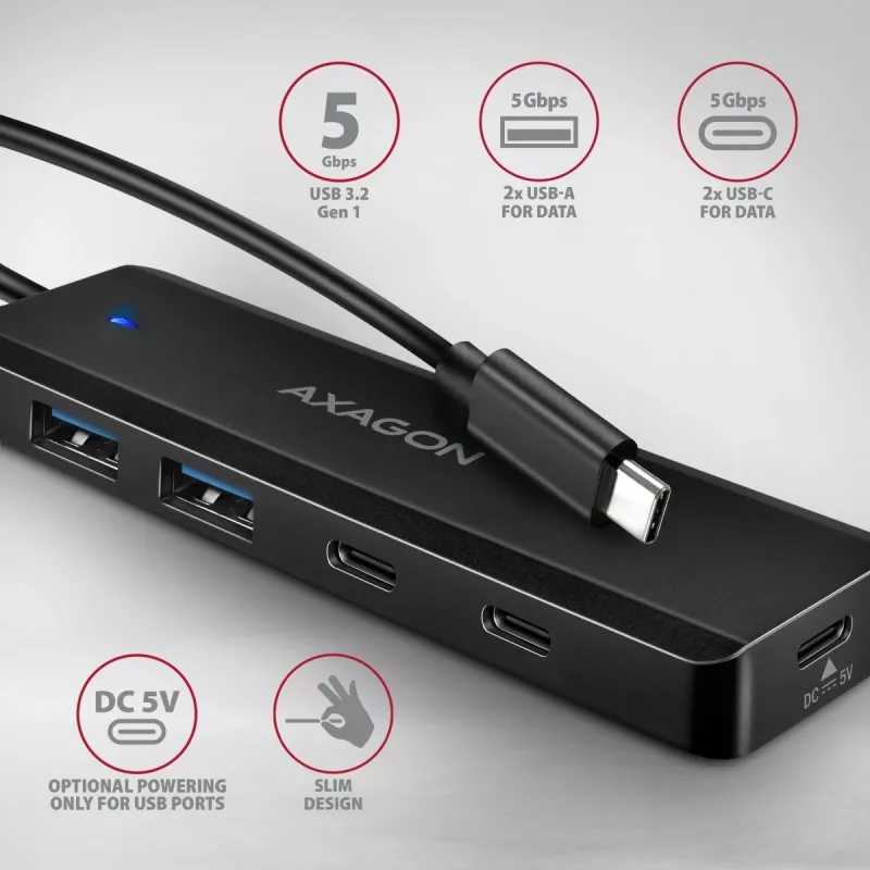 AXAGON HUE-C2C Hub de viaje USB-C 5 Gbps, 2x USB-A + 2x USB-C, USB-C Power IN, cable de 19 cm