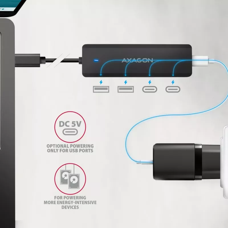 AXAGON HUE-C2C Hub de viaje USB-C 5 Gbps, 2x USB-A + 2x USB-C, USB-C Power IN, cable de 19 cm