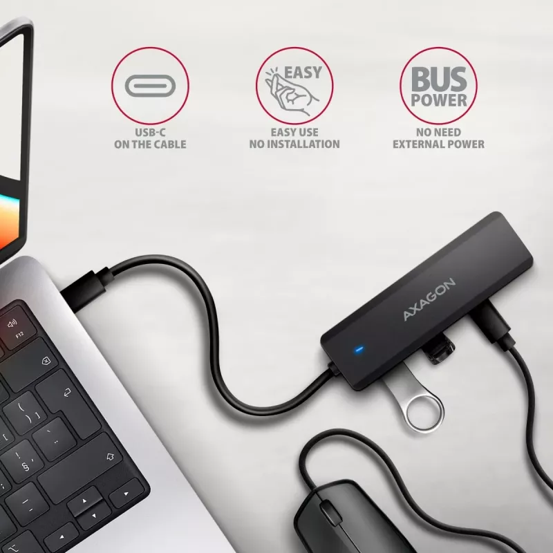 AXAGON HUE-C2C Hub de viaje USB-C 5 Gbps, 2x USB-A + 2x USB-C, USB-C Power IN, cable de 19 cm