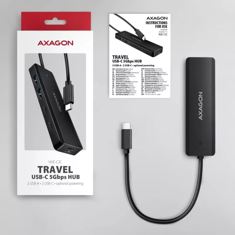 AXAGON HUE-C2C Hub de viaje USB-C 5 Gbps, 2x USB-A + 2x USB-C, USB-C Power IN, cable de 19 cm