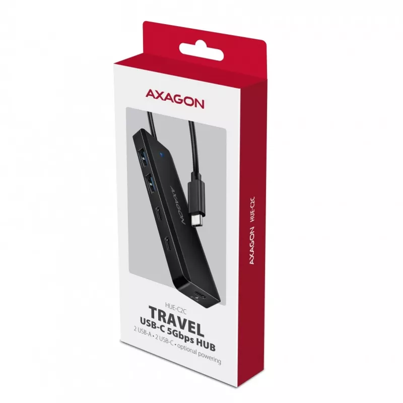 AXAGON HUE-C2C Hub de viaje USB-C 5 Gbps, 2x USB-A + 2x USB-C, USB-C Power IN, cable de 19 cm