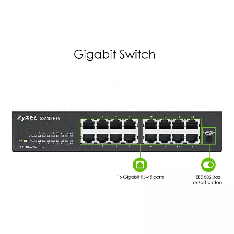 ZyXEL GS1100-16E Switch Gigabit no gestionado de 16 puertos de metal