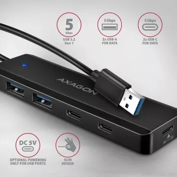 AXAGON HUE-C2A Hub de viaje 5 Gbps, 2x USB-A + 2x USB-C, USB-C Power IN, cable USB-A de 19 cm