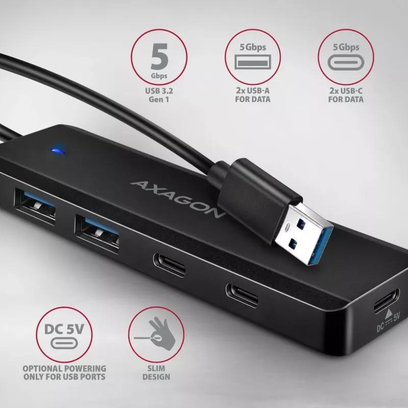 AXAGON HUE-C2A Hub de viaje 5 Gbps, 2x USB-A + 2x USB-C, USB-C Power IN, cable USB-A de 19 cm
