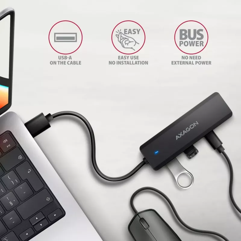 AXAGON HUE-C2A Hub de viaje 5 Gbps, 2x USB-A + 2x USB-C, USB-C Power IN, cable USB-A de 19 cm