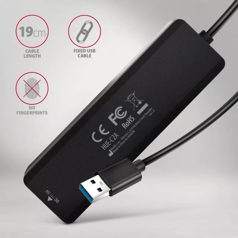 AXAGON HUE-C2A Hub de viaje 5 Gbps, 2x USB-A + 2x USB-C, USB-C Power IN, cable USB-A de 19 cm