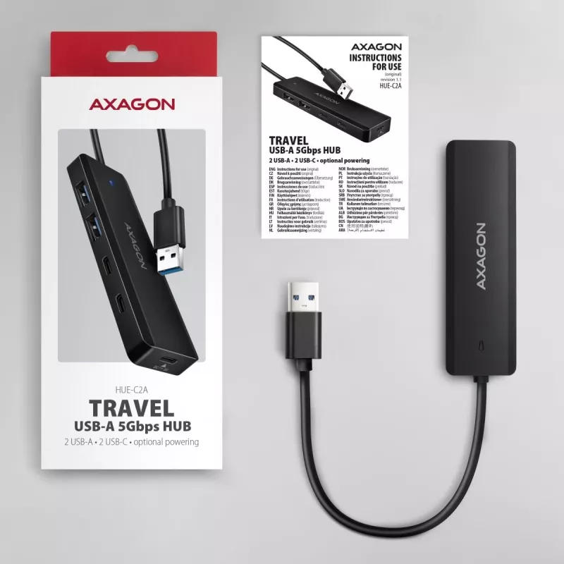 AXAGON HUE-C2A Hub de viaje 5 Gbps, 2x USB-A + 2x USB-C, USB-C Power IN, cable USB-A de 19 cm