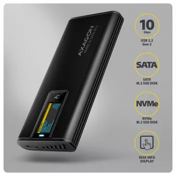 AXAGON EEM2-SD2B Carcasa externa 10Gbps M.2 NVMe/SATA SSD con indicador LED, USB-C, Negro
